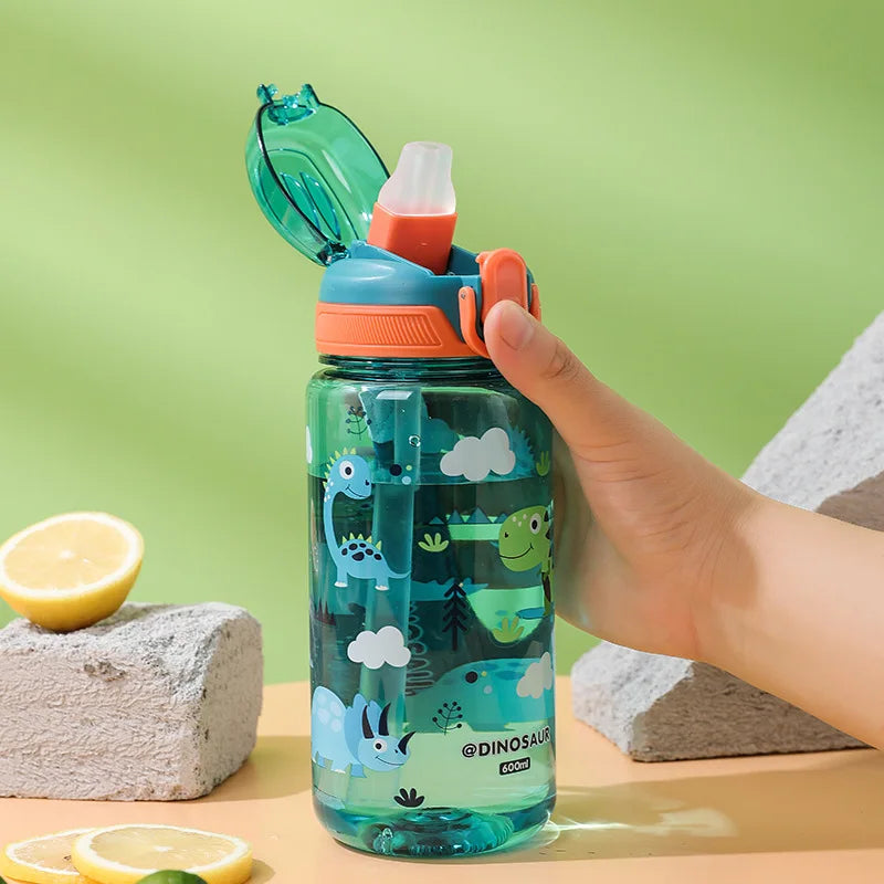 Kids Water Bottle with Straw – Leak-Proof 600 ml Cartoon Bottle